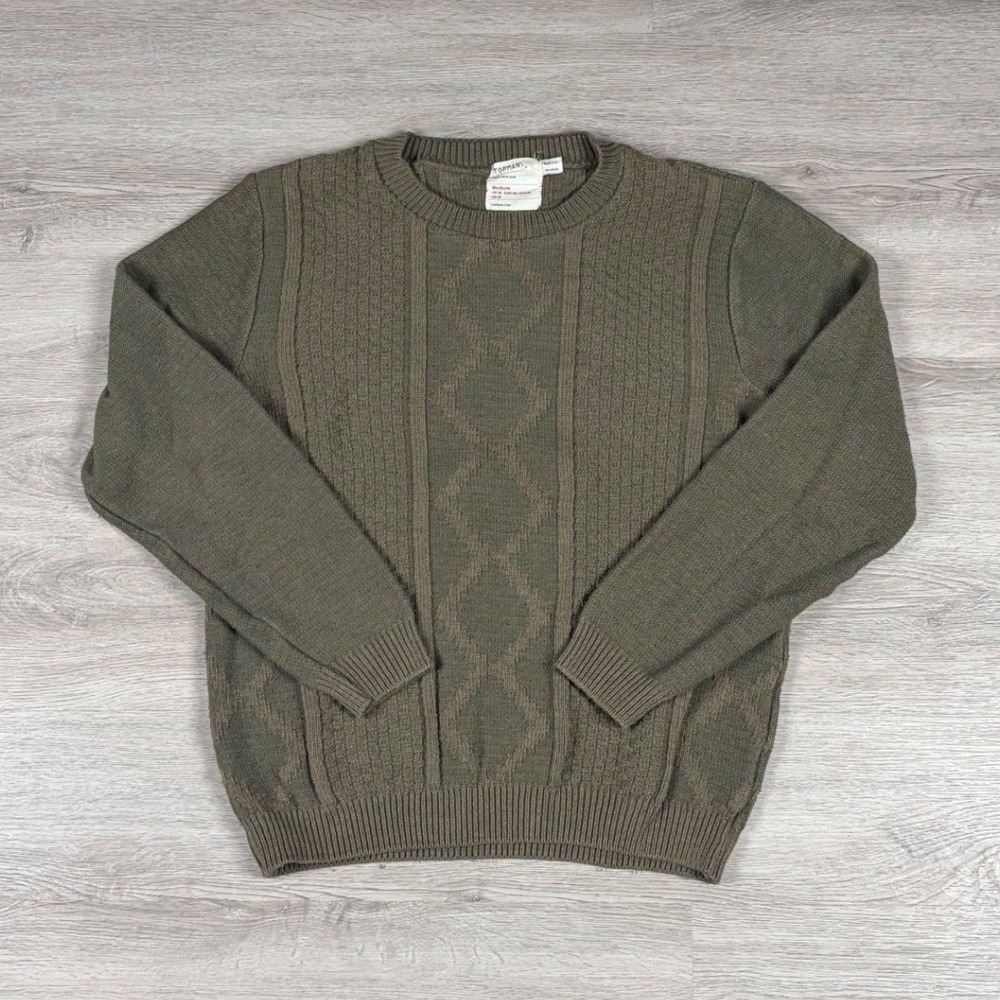 Topman Sweater Mens Medium Olive Green Cable Knit Crewneck Pullover